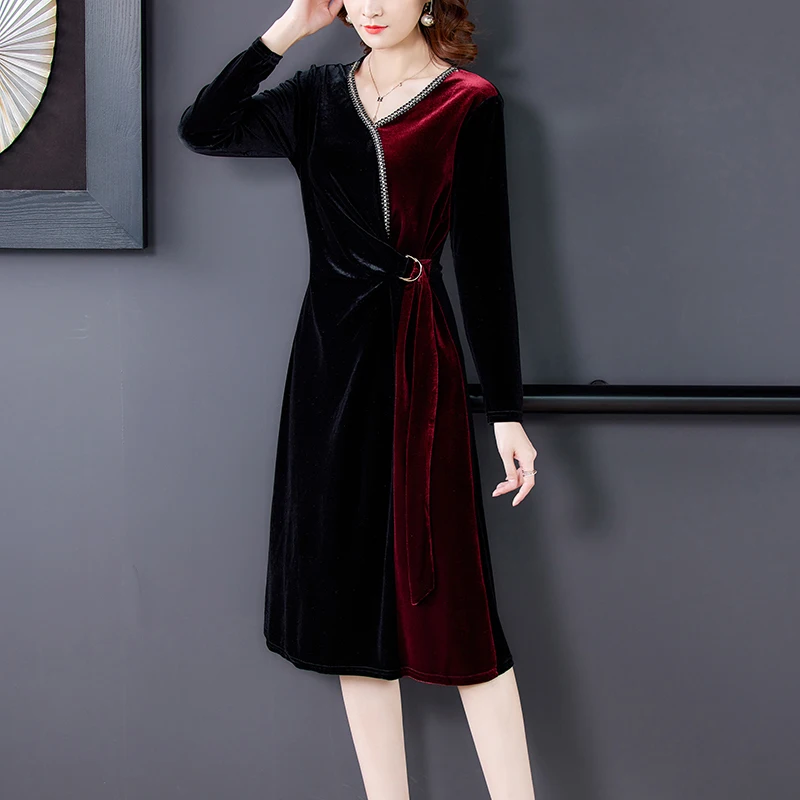 

2023 New Fashion Velvet Dress Women's Autumn Retro Versatile V-neck Bottom Dress Korean Loose Tight Casual Party Vestidos