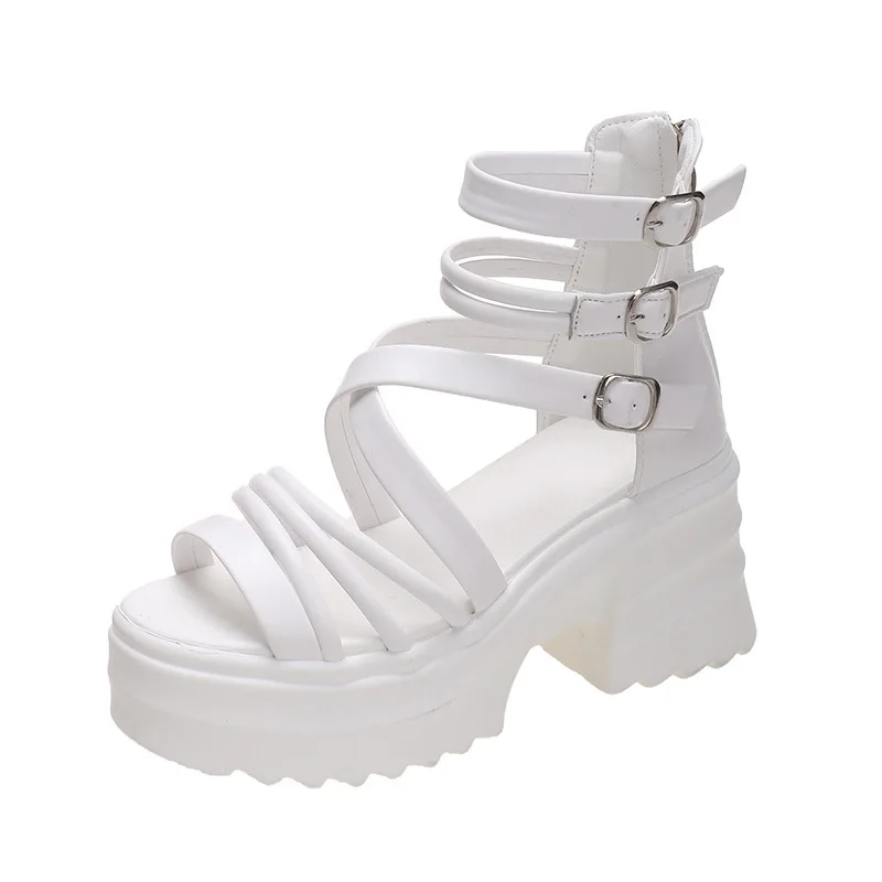 

Roman Women Sandals Summer New 8cm High Heels Platform Shoes Cover Heel Sandales Female Sweet Zip Black Sandal Zapatos De Mujer