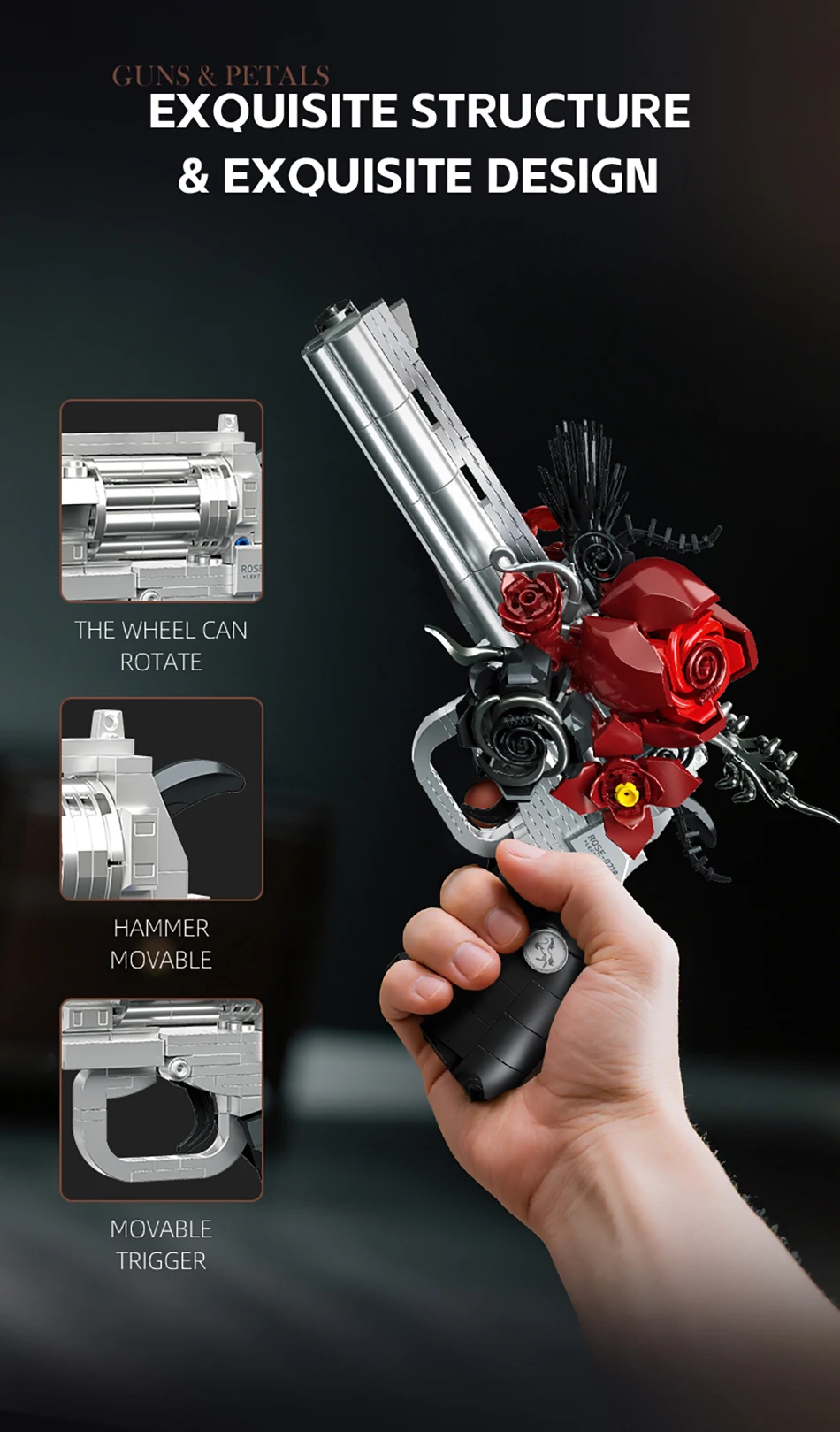 Technische Mechanische Rose Revolver Pistole Pistole Bausteine Militär Rote Blume Blütenblatt Pistole MOC Ziegel Montieren Spielzeug Kinder Geschenk – Detail 3