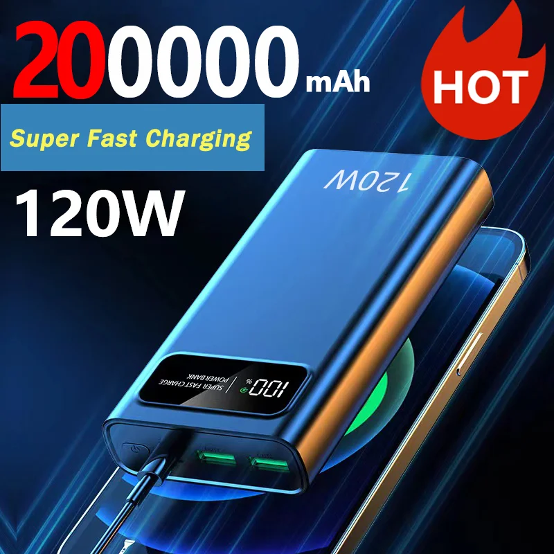 Power Bank 200000mAh 120W Power Bank Super Fast Charging Ultra-High Capacity Digital Display External Battery For iPhone Xiaomi