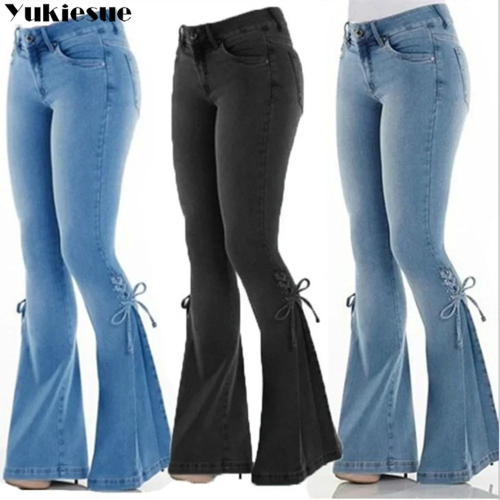 

2022 Fashion Mid Waist Flared Jeans Women Bow Boot Cut Casual Lady Lace Up Trousers Cowgirl Vintage Blue Bell Bottom Denim Pants