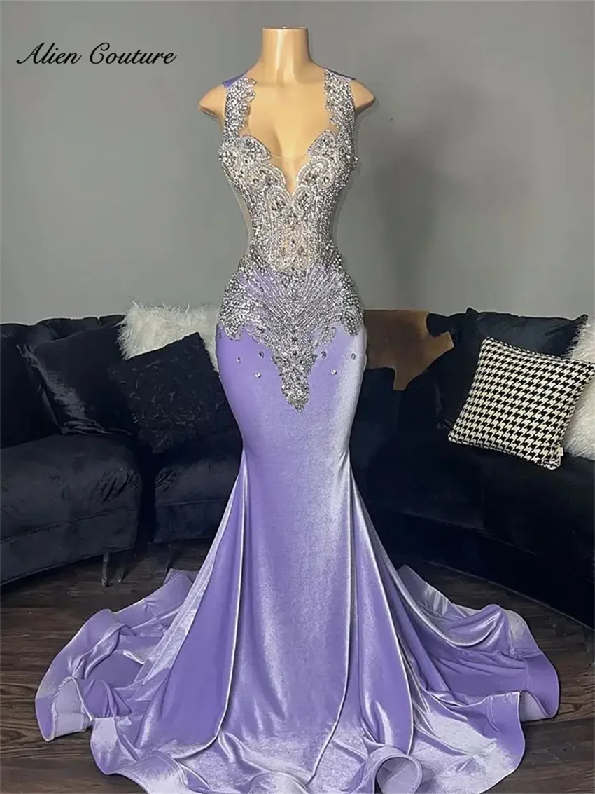 Lavender Purple Long Prom Dresses For Black Girls Luxury Silver Beads Wedding Birthday Party Gown Customized