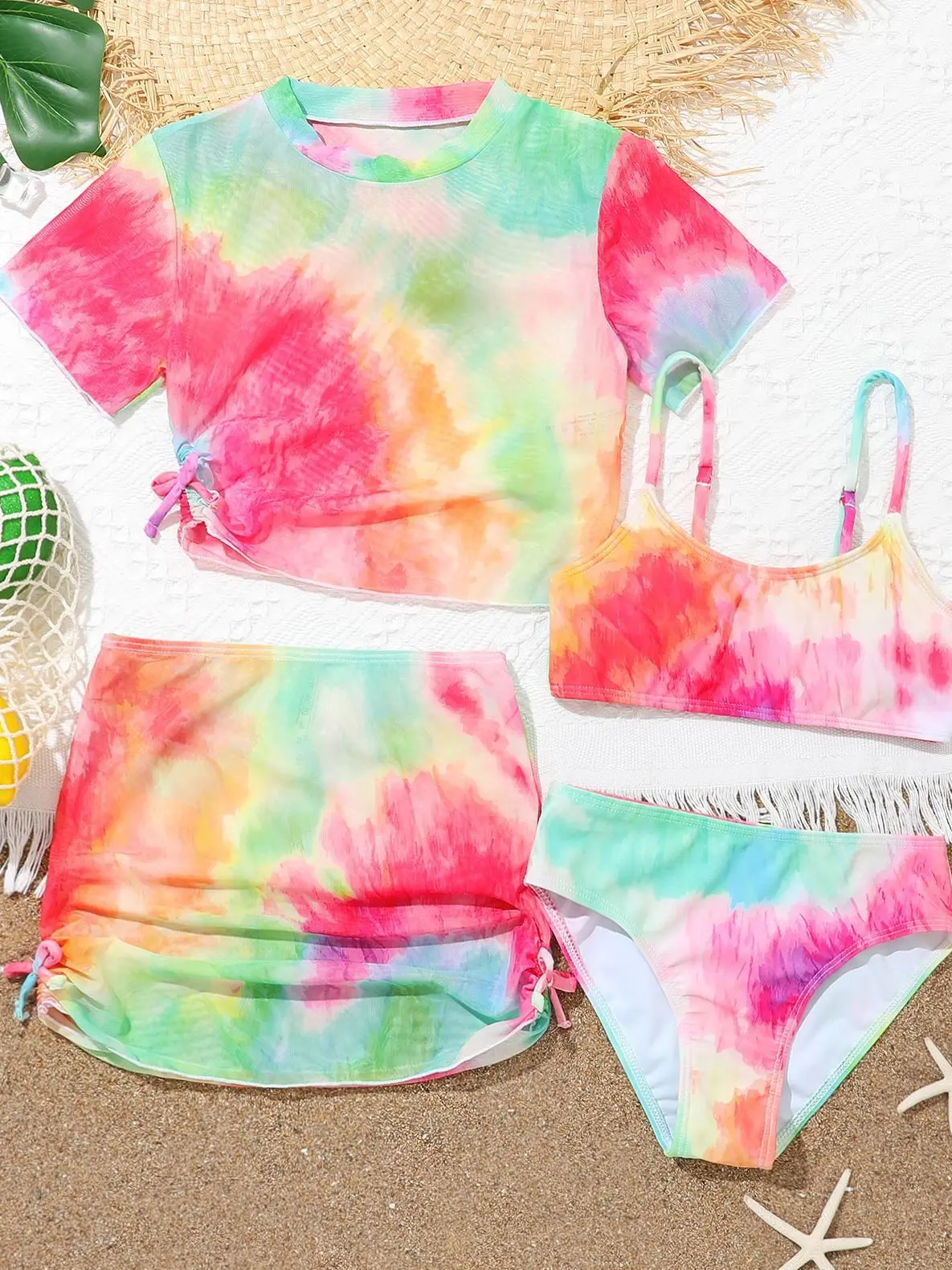 4 Pieces Bikinis Set Top & Skirt 2025 Girls Swimsuit Kids Swimwear Female Children Bathers Bathing Swimming Swim Suit Beachwear 1