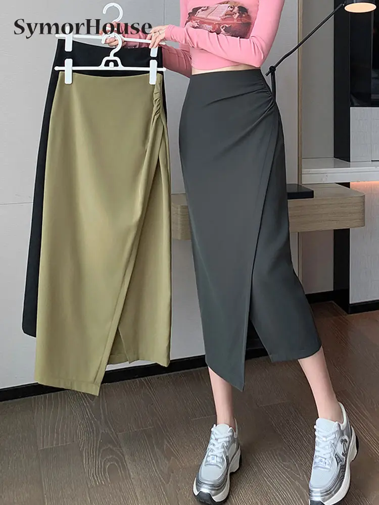 

Spring Summer Autumn Irregular Split Skirts Women High Waist Simple Folds Wrap -HipsSkirt Casual Lady Black Suit Skirts Faldas