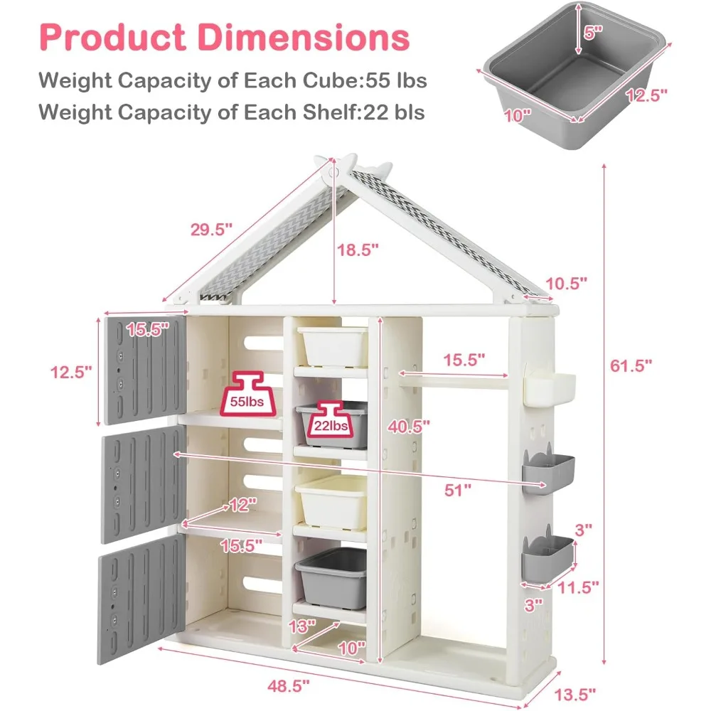 Kids Costume Storage Closet, Children Pretend Dresser Wardrobe, Open Hanging Armoire Closet with Storage Bins, Shelves