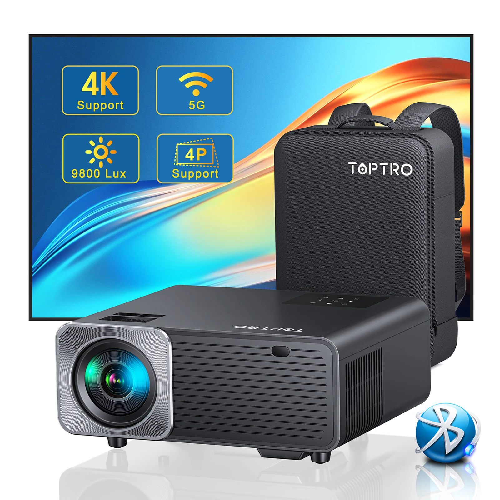 Toptro Mini Proiettore Nativo 1080P Full Hd 4K Supportato 480 Ansi 5G Wifi Proiettore Bluetooth 4D/4P Proiettore Di Correzione Trapezoidale