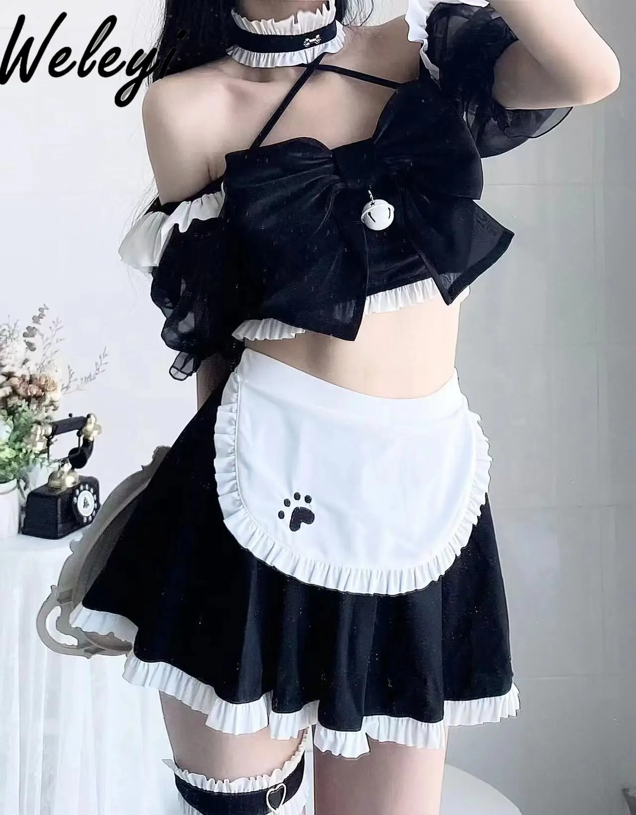 

Jirai Kei Lolita Swimsuit Sweet Women's Clothing 2024 Summer Cute Maid Beach Yarn Top Bow Black White Two Piece Fashion Swimwear