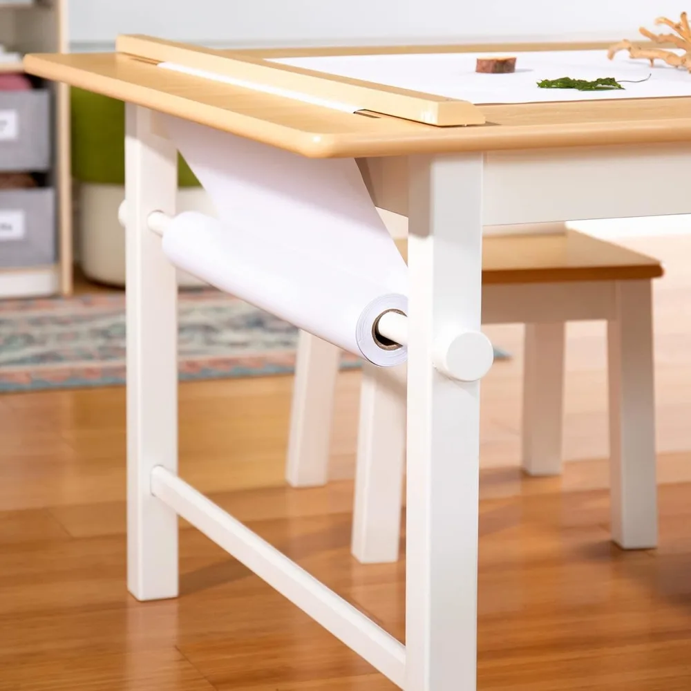 Arts and Crafts Center: Kids Activity Table and Drawing Desk with Stools, Storage Canvas Bins, Paper Roller, Paint Cups