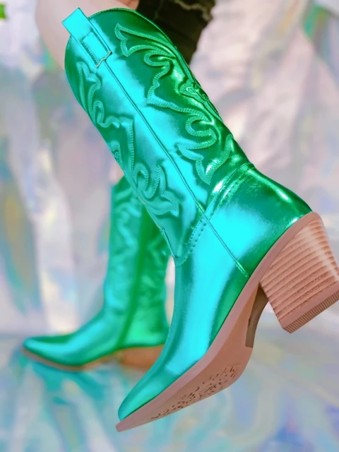 Botas vaqueras verdes para mujer, botines occidentales cremallera bordada, punta estrecha, tacón grueso, a media pantorrilla, zapatos brillantes para otoño, 2022 - AliExpress