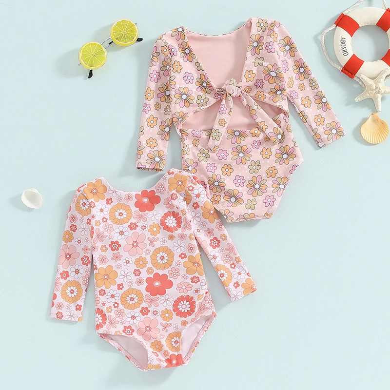 

2024-01-17 Lioraitiin Kids Girls Bikini Long Sleeve Swimsuit Backless Tie-up Flower Print Swimwear for Summer Beach