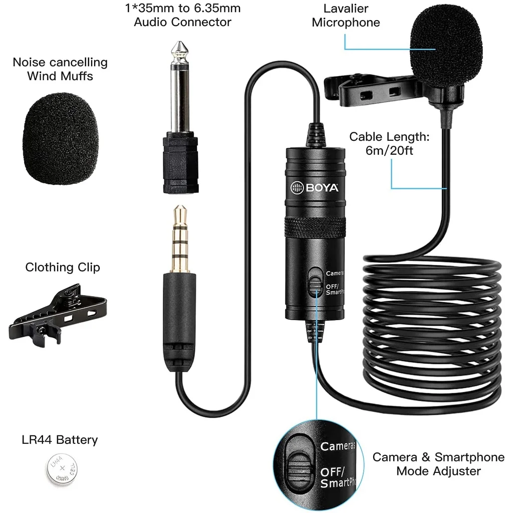 BOYA Upgraded BY-M1S Lavalier Microphone Without Battery Omnidirectional  Lapel Mic for iPhone DSLR Camera Android Smartphone Camcorders Audio