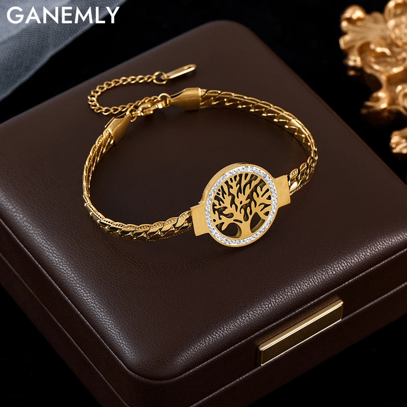 GANEMLY 316L Edelstahl Baum des Lebens Armband Für Frauen Mode 18K Gold Überzogene Handgelenk Kette Wasserdicht Schmuck Dame geschenk