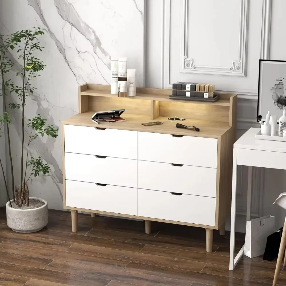 6 Drawer Dresser with Charging Station, Wooden Chest of Drawers with LED Light for Closet Hallway, Living Room, Entry 5
