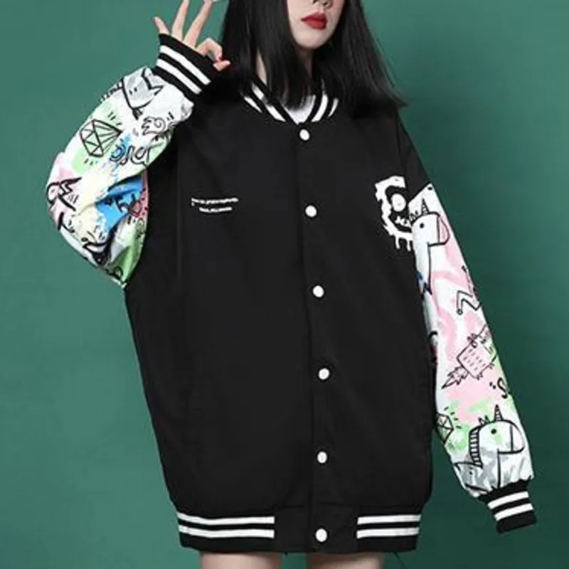 

Женская куртка-бомбер на пуговицах, Черная бейсбольная куртка с длинным рукавом, модель Y2k в Корейском стиле на зиму