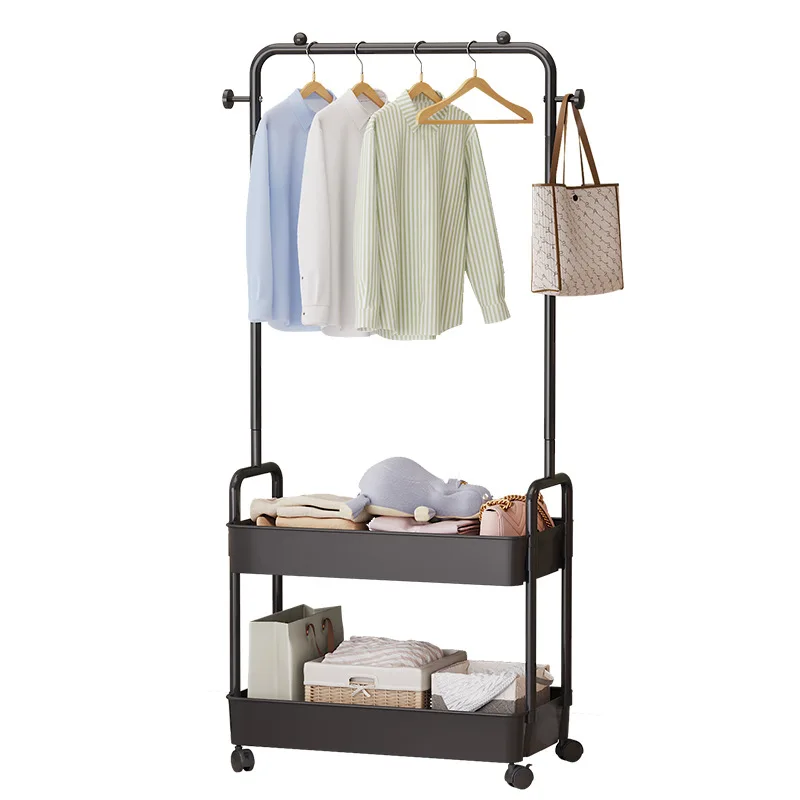 Clothes Rack Simple Ground Mounted Wheeled Mobile Hanger Multi Functional Living Room Bedroom Storage