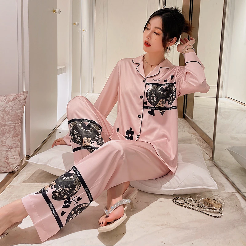 New pajamas women's imitation silk long-sleeved trousers retro love pink suit pijamas women silk pajamas for women