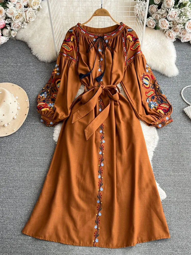 Women Autumn Vintage Pure Color O-Neck Ramie Cotton Dress