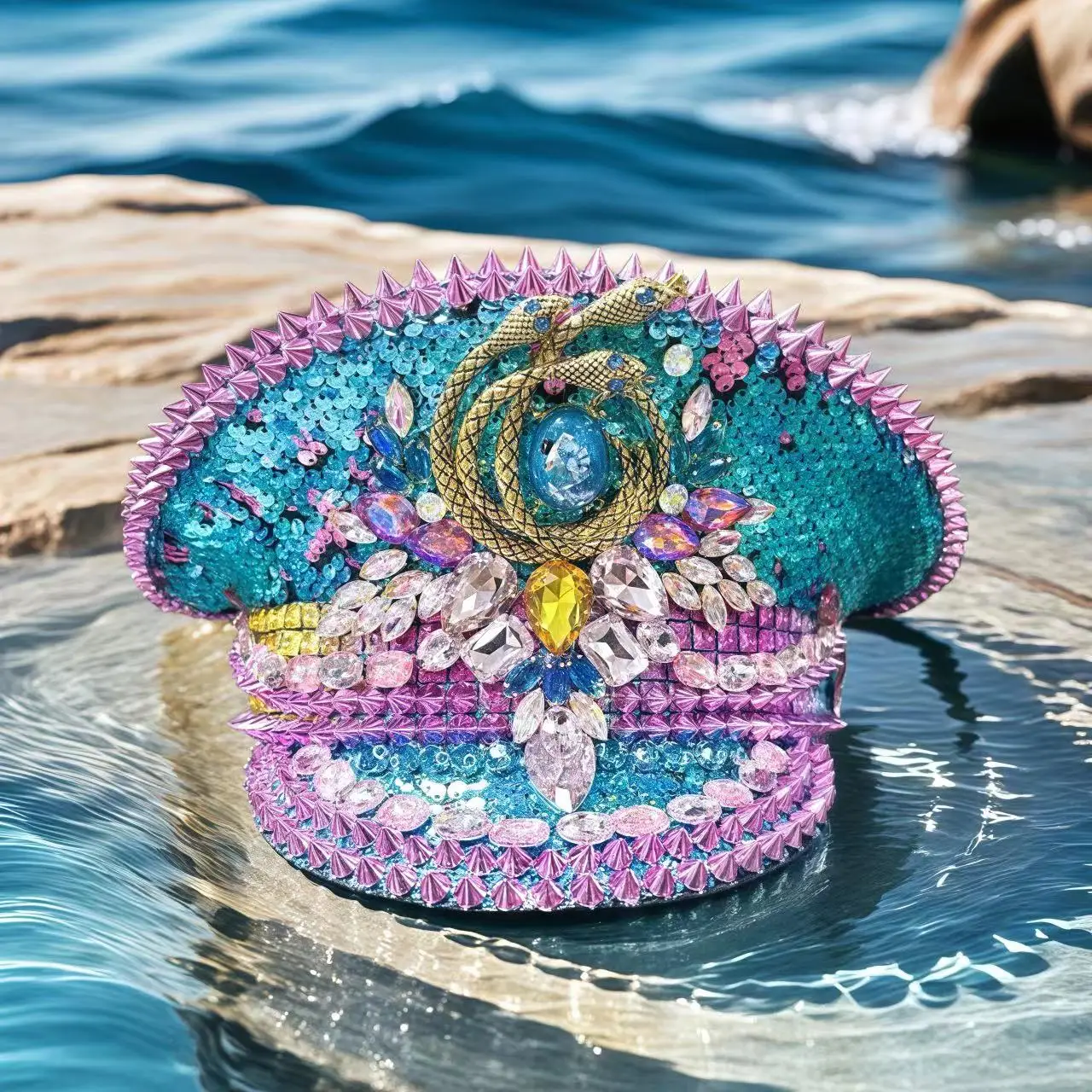 Bling Captain Hat Rhinestone Captains Hat for Men Handmade Steampunk Burning Man Ramadan Masquerade HongLuan Summer Cap