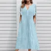 Women's Boho Style Long Dresses Casual Pleated Solid Lace Hollow Button Casual Dress Lace Up Bow Short Sleeve Sundress платье 2