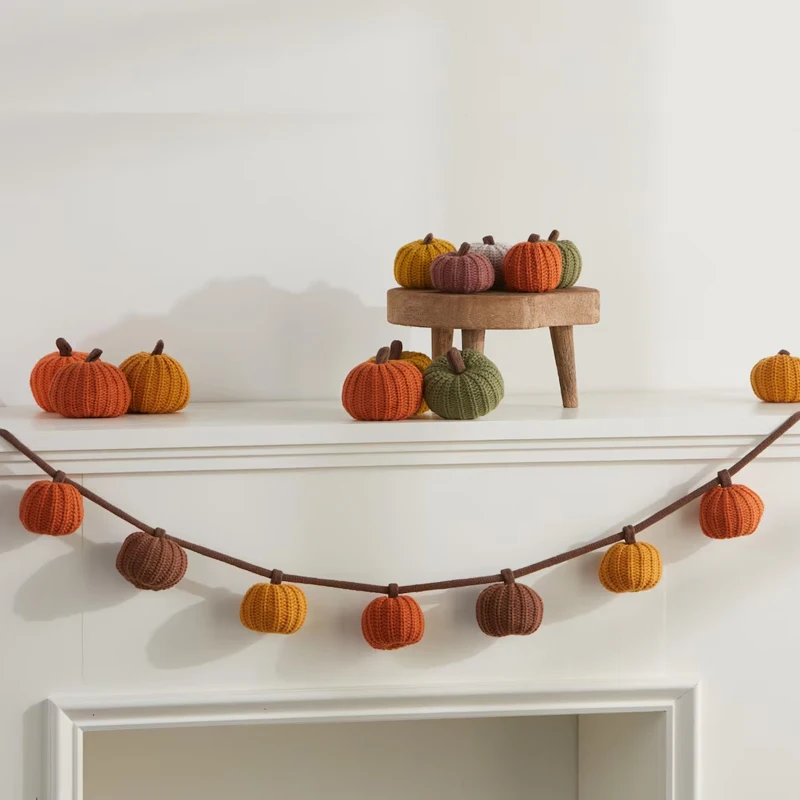 Gestrickte Kürbissgirlande für Kaminsims, Halloween, Herbst, Kaminsims, Bücherregal, Dekoration, Urlaub, Party, Zubehör, Babyparty, Geburtstagsgeschenk