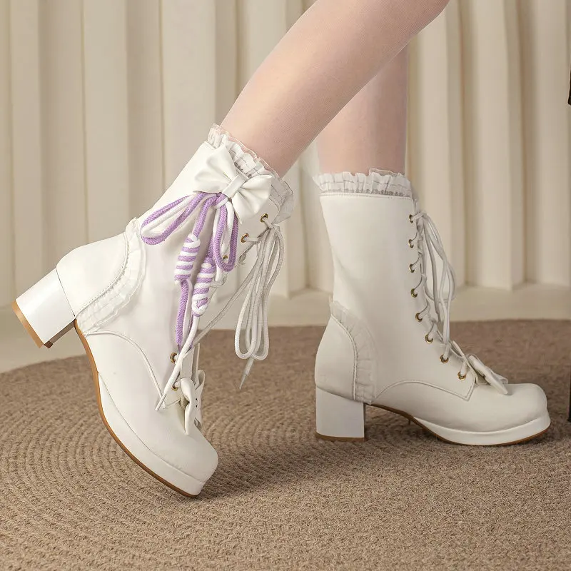 

Charming Sweet Cute JK Lolita Girls Boots Pink White Cross-tied Lace Ruffles Bowtie Knot Platform Chunky Heels Winter Shoes