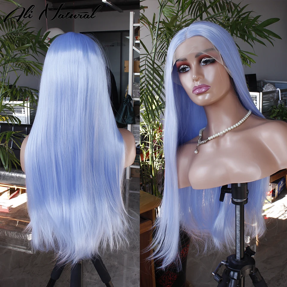 Icy Blue Synthetic Lace Part Wig Natural Hairline Sky Blue Straight T Part Lace Front Wig Light