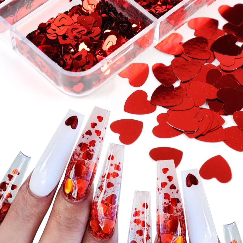 Valentines Day Mixed Love Heart Nail Glitter Red Flake Sequin Powder Decorative Accessories Professional Nail Art Supplies