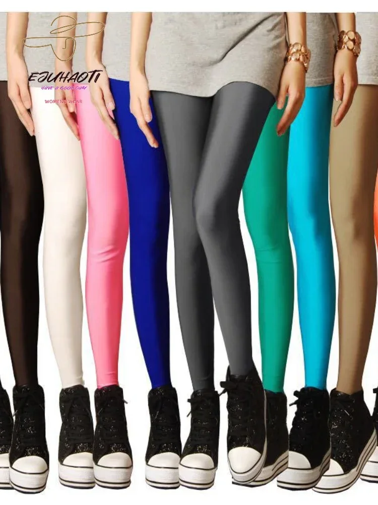 

Women Pencil Cropped Pants Fashion Gloss Thin High Waist Outer Wear Slim Spring Summer Leggings Fluorescence Motion Trousers