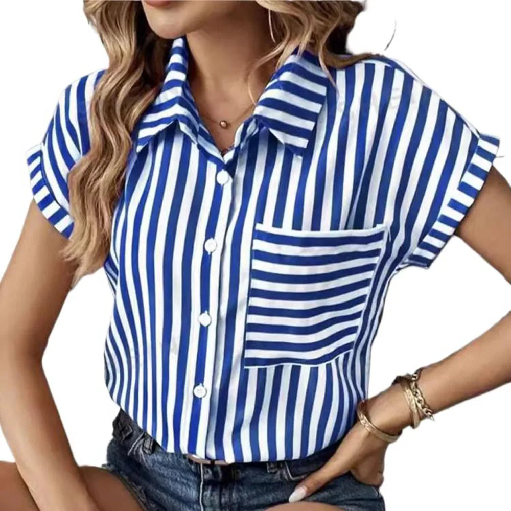 Women Summer Short Sleeve Striped Blouse Tops