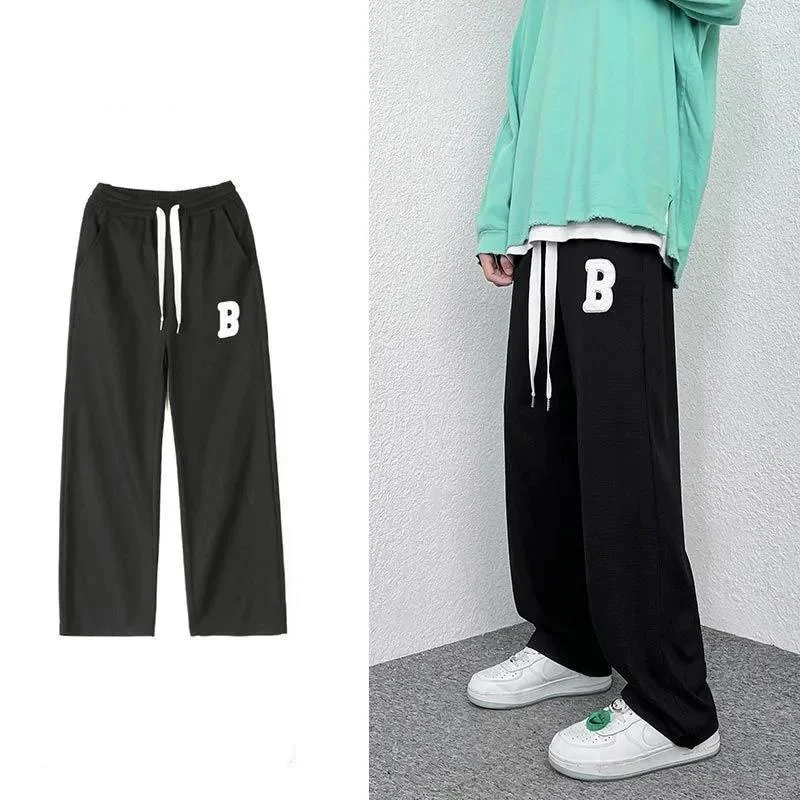 High Street Sports Trendy Straight Casual Pants Men Embroidery Loose Elastic Waist Sports Drawstring Pockets Wide Leg Trousers