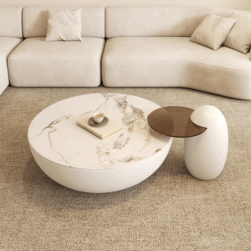 

Italian minimalist slate round coffee table combination cream style small apartment living room home simple modern glass side ta
