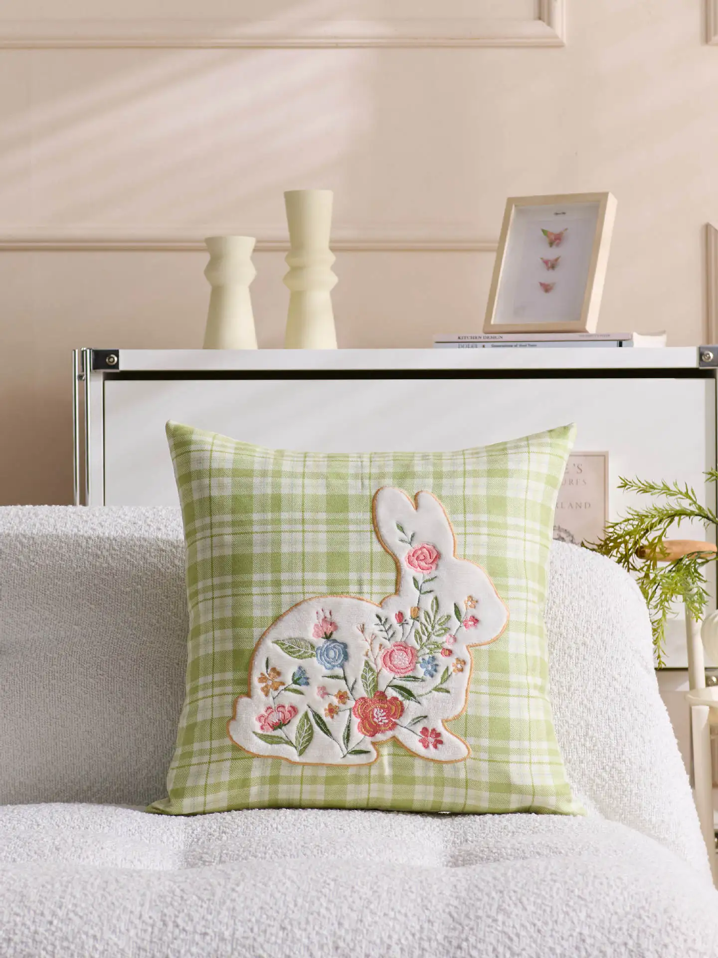 Frohe Ostern-Kissenbezüge, niedlicher bestickter rosa Hase, Ostern, Frühling, Bauernhaus, dekorativer Kissenbezug für Sofa, Heimdekoration – Detail 6