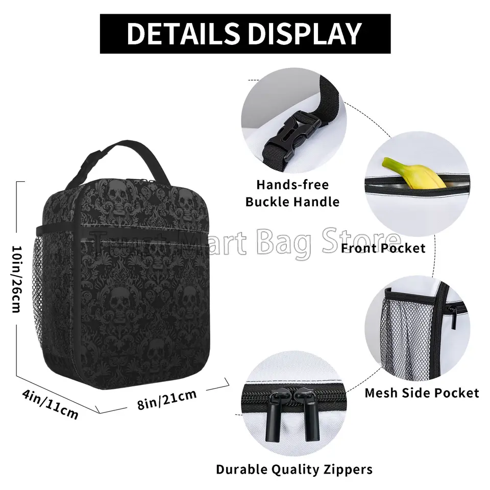 Vintage Halloween nero vtoriano gotico teschio damascato borsa da pranzo isolata portatile impermeabile Lunch Box termica Tote Bags  1524