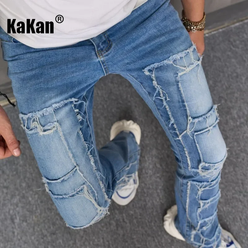 Kakan - Europe and America's new distressed cat whisker jeans for men's wear, micro flared deep blue long jeans K49-714