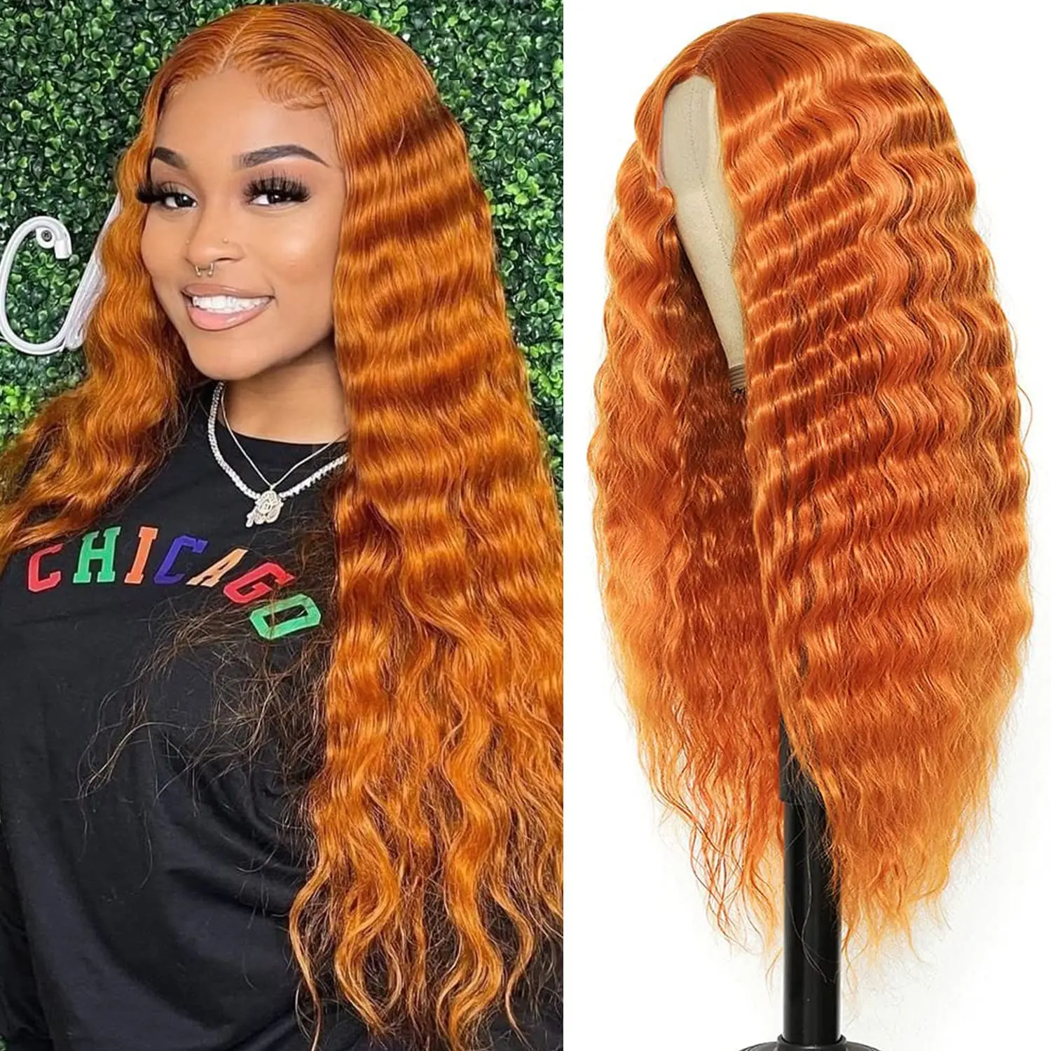 

28" Synthetic Curly Wig Long Deep Wave Wigs for Black Women Orange Synthetic Lace Front Wig Fake Scalp Crimps Curls Daily Party