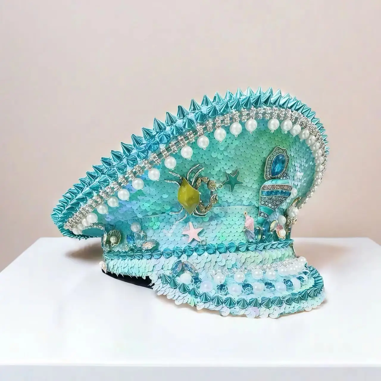Summer Blue Whelks Bling Captain Hat Rhinestone Captains Hat for Men Steampunk Handmade Burning Man Military Cap Unisex