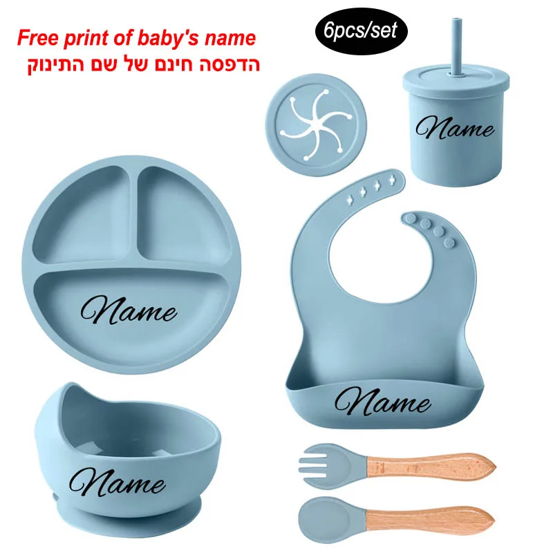 

6Pcs Baby Feeding Set Personalized Name Silicone Sucker Cup Plate Dishes For Kids Cutlery Set Round Dinner Plate Newborn Gift