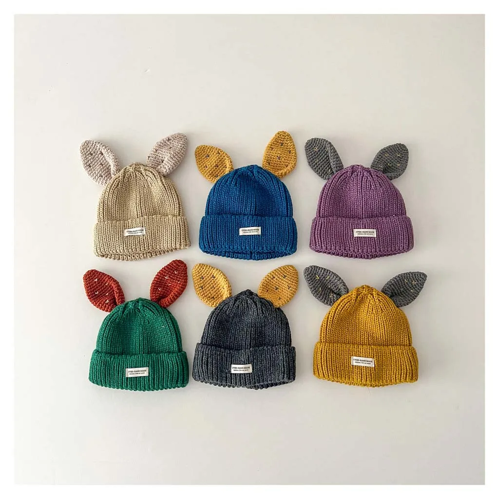 Cute Baby Bunny Hat With Ear 2023 Autumn Children's Knitted Hat Boys Girls Beanie Cap Warm Wool Pullover Hat