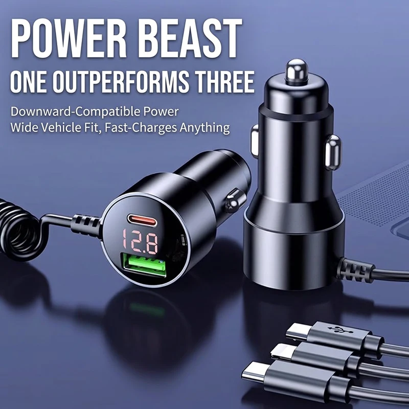 Fast Car Charger with Retractable Coiled Cable and LED Voltage Display