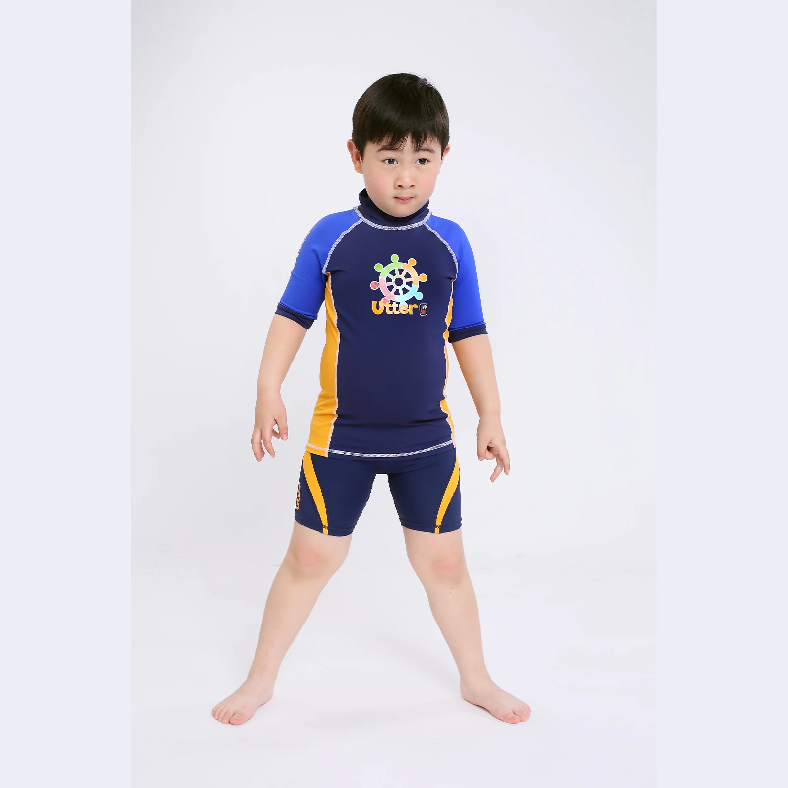 Toddler Kids Boys Swimsuits Sun Protection, Short Sleeves Swimwear for Beach, Swim Top and Swim Shorts