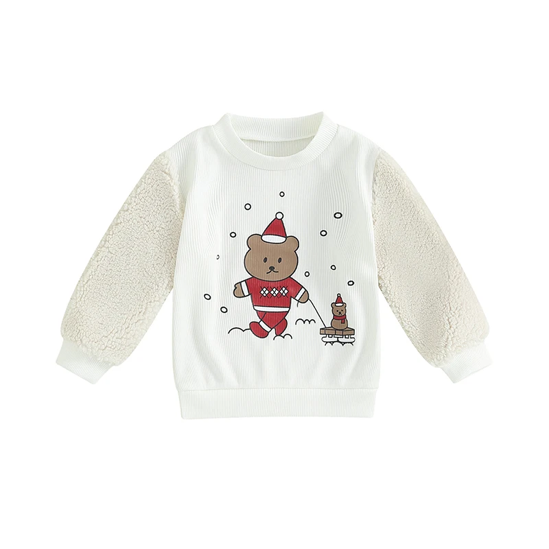 

Детские Рождественские свитшоты, повседневные флисовые рукава для малышей, с принтом медведя, с круглым вырезом и длинными рукавами, пуловеры, топы на зиму