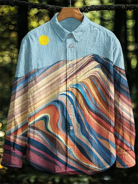 New Vintage Men's Linen Shirt Long Sleeve Chic Top Kitten Pattern Holiday Lapel Collar 3D Wave Printed Shirt Top 1