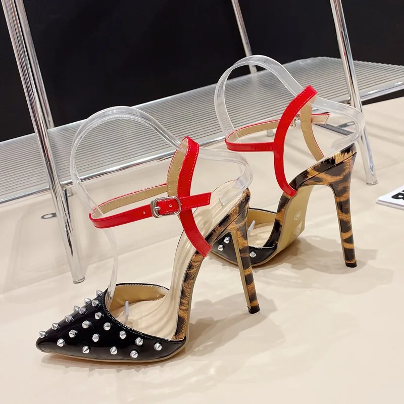 2024 Rivet Women Pointed Toe Pumps Ankle Buckle Strap Thin High Heels Shoes Sexy Design Banquet Prom Female Sandals