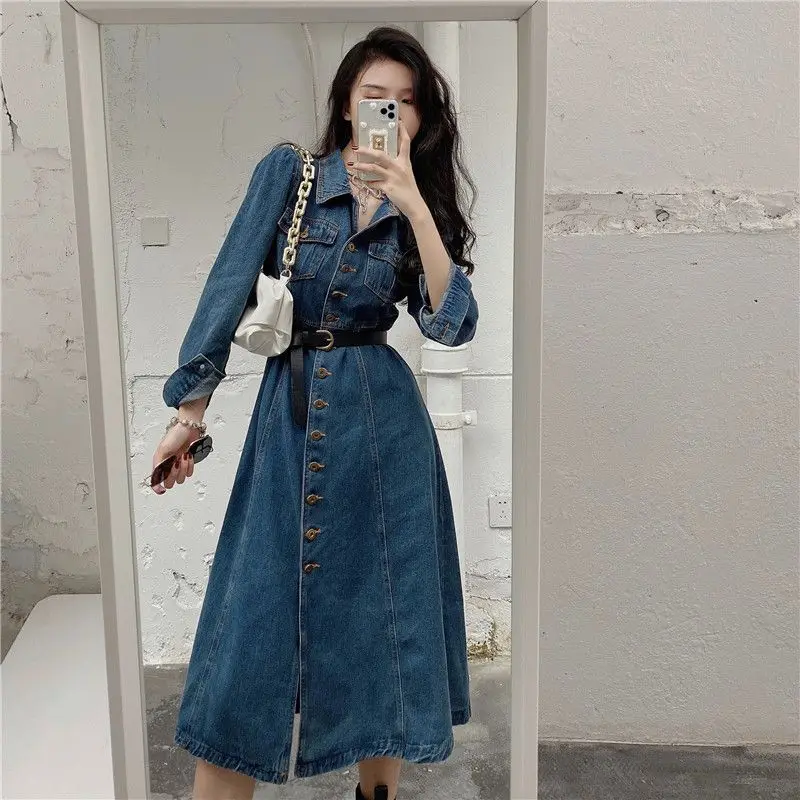 

Vintage Women Denim Dress Turn Down Collar Long Sleeve Loose Female Shirt Dresses 2023 Spring Autumn Midi Length Vestidos V366