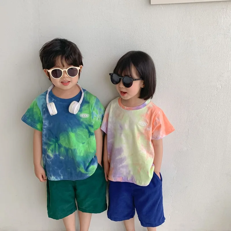 

Summer children tie-dyed cotton T shirts kids unisex soft loose short sleeve cool Tees