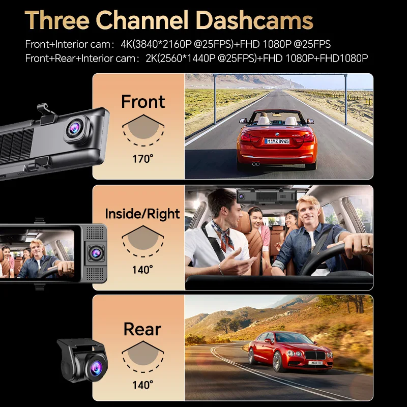 OBDPEAK 3 카메라 대시 캠, 4K 자동차 DVR, 전면, 내부, 후면, 1080P, GPS 추적, 야간 투시경 비디오 등록, 대시 캠 주차 모니터