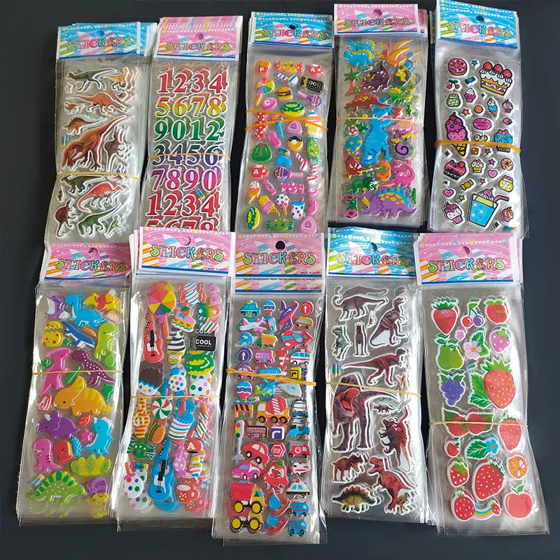 Kids Stickers 20 Sheets Dinosaurs Butterflies Flowers Car Different Theme Label DIY PVC Cartoon 3D Puffy Sticker