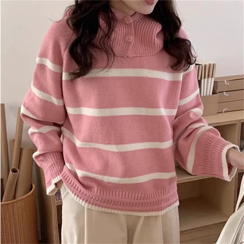 

2023 Women Autumn/Winter New Slouchy Long Sleeve Knitwear for Women,Korean Stripe Detachable Hooded fashion Pullover Sweater