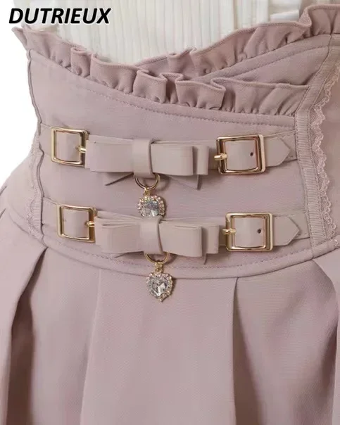Japonský dobývat dvojitý motýl splétání textilních materiálů spona kůže prsten vysoký pás sukně šortky ženy 2023 léto sladké růžová krajka plisované sukně