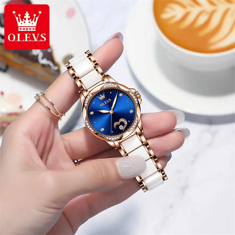 OLEVS Womens Watches Top Brand Luxury Ceramic Mechanical Watch for Women Waterproof Fashion Blue Dial Diamond Wristwatches